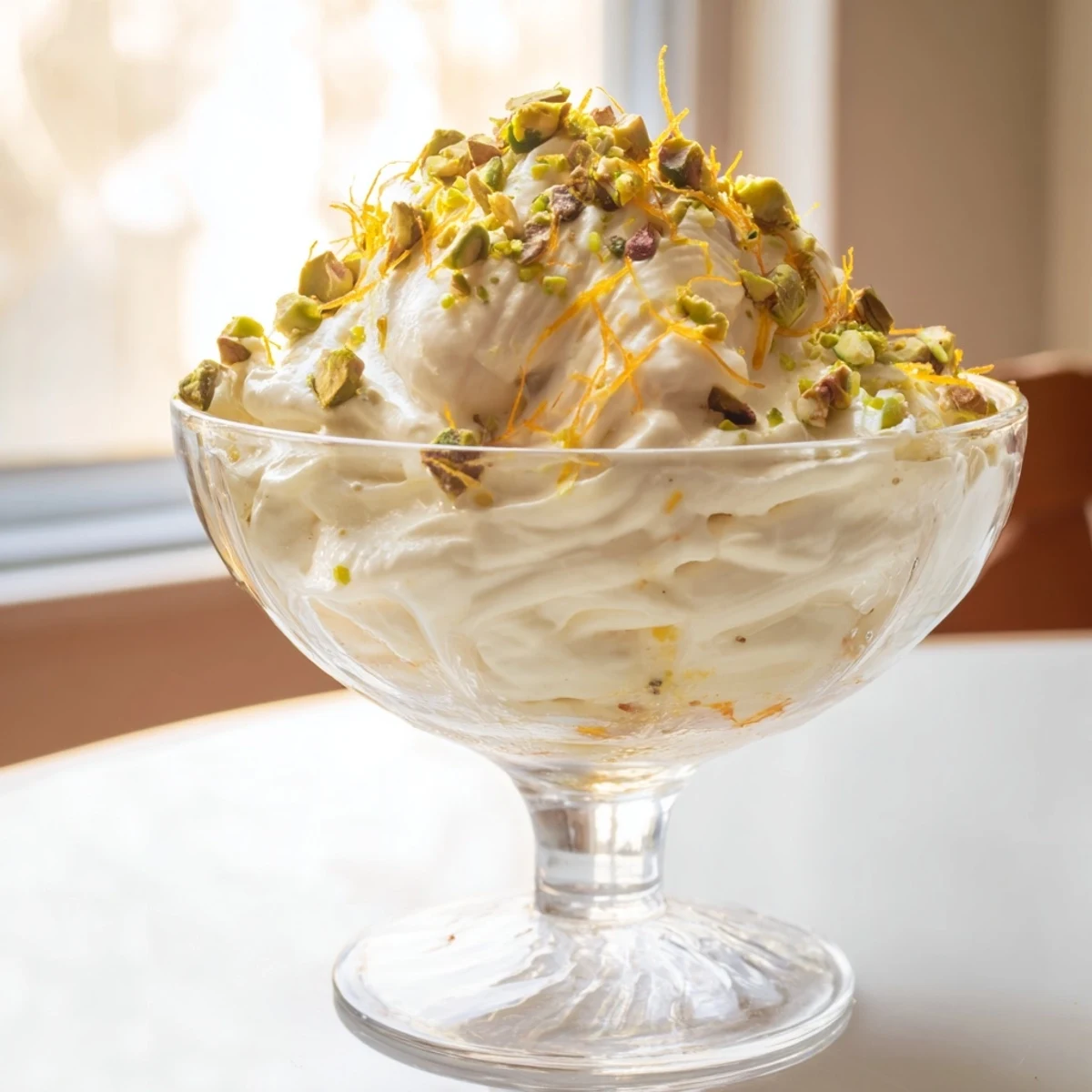 Light golden Lebanese dessert mousse infused with orange blossom water and fresh lemon zest served chilled