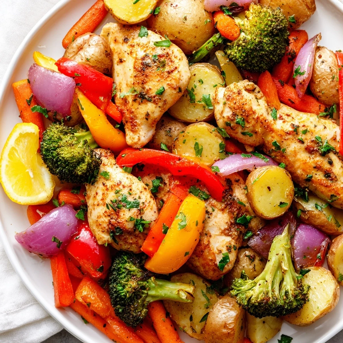 Golden roasted sheet pan lemon herb chicken surrounded by colorful tender vegetables on a large baking tray