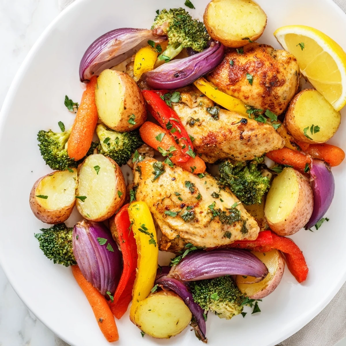 Juicy lemon herb chicken breasts nestled among roasted bell peppers broccoli and baby potatoes on parchment paper