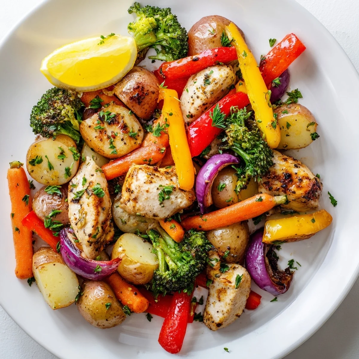 Easy one-pan meal featuring herb-marinated chicken and vibrant caramelized vegetables garnished with fresh parsley and lemon wedges