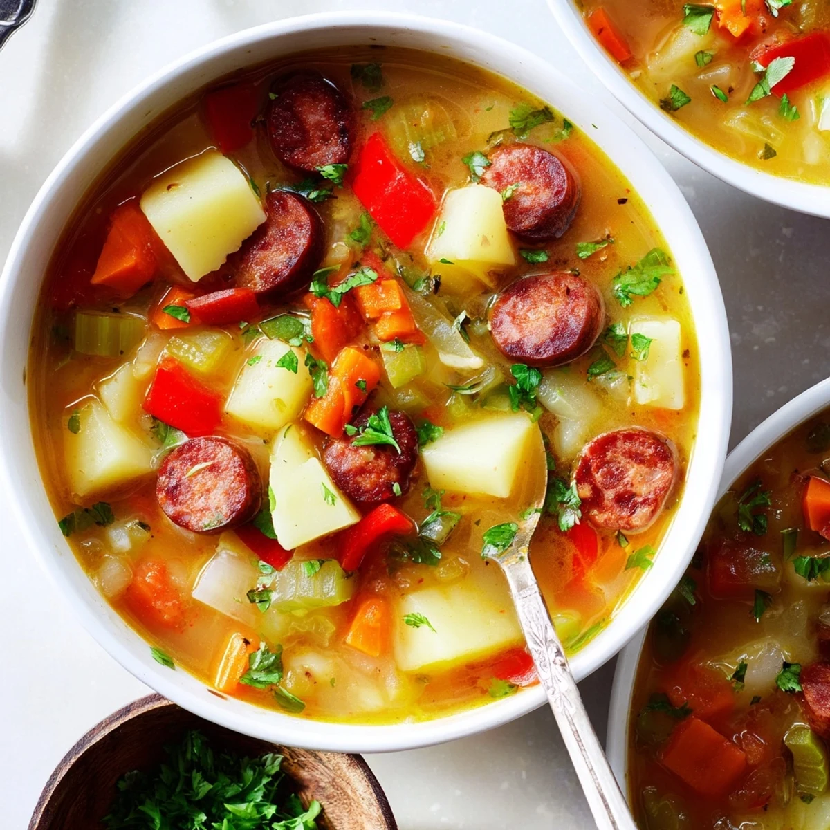 Creamy Spanish potato soup with chorizo topped with crispy sausage slices and fresh parsley garnish in a white bowl