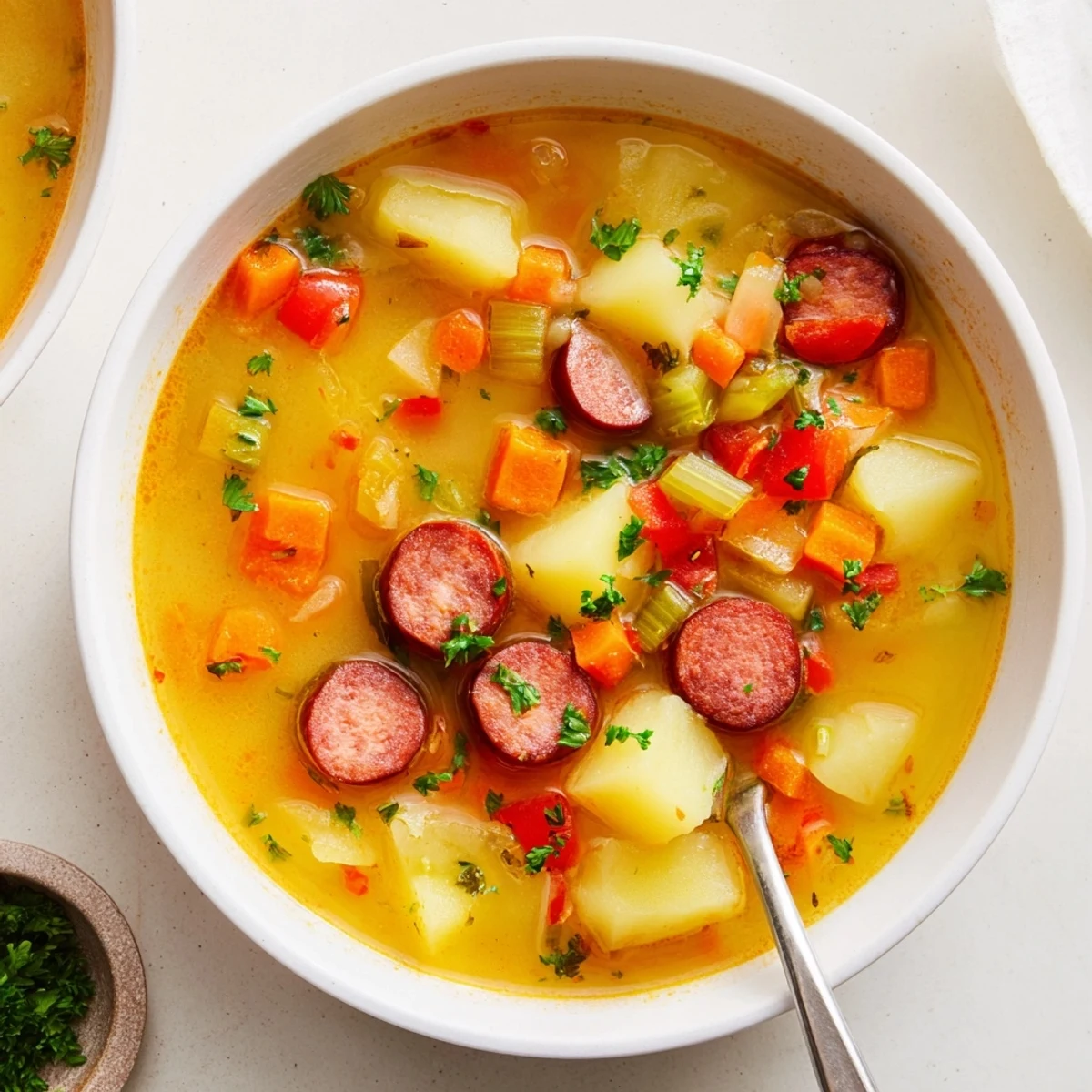 Rustic Spanish potato soup with chorizo garnished with paprika spiced sausage and chopped parsley on a wooden table