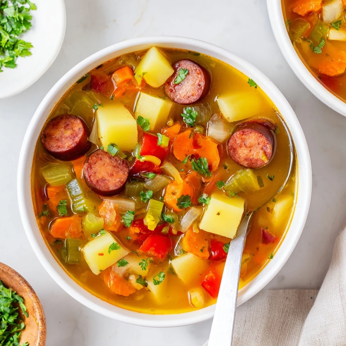 Hearty bowl of Spanish potato soup featuring tender potatoes smoky chorizo and colorful vegetables ready for serving