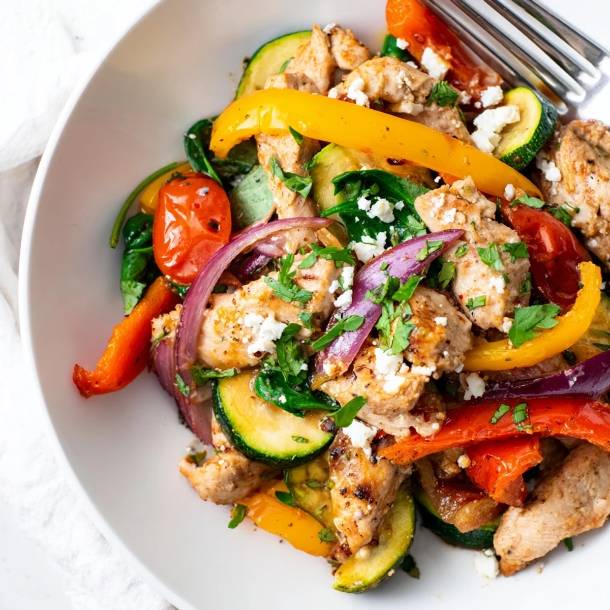 Colorful Mediterranean chicken stir fry with crisp bell peppers zucchini and juicy cherry tomatoes