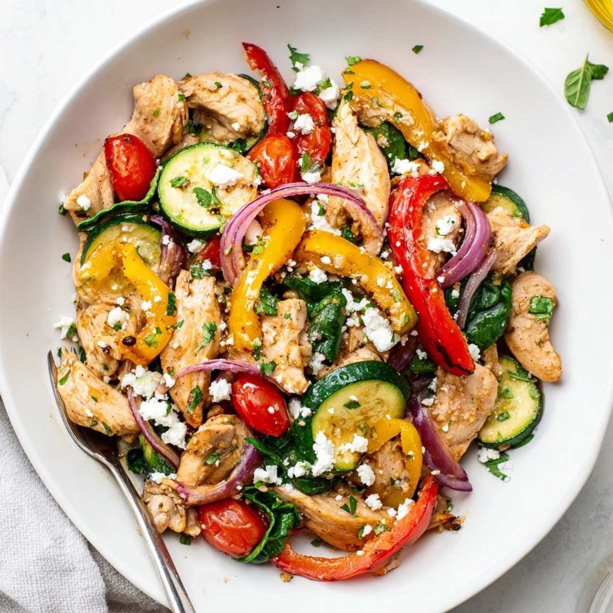 Golden chicken pieces tossed with vibrant vegetables in a lemon herb olive oil sauce