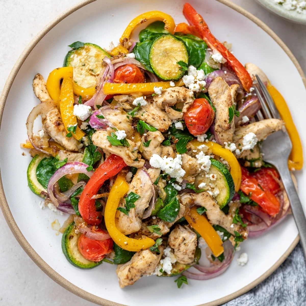 Healthy gluten-free Mediterranean chicken stir fry plated with crumbled feta and fresh parsley