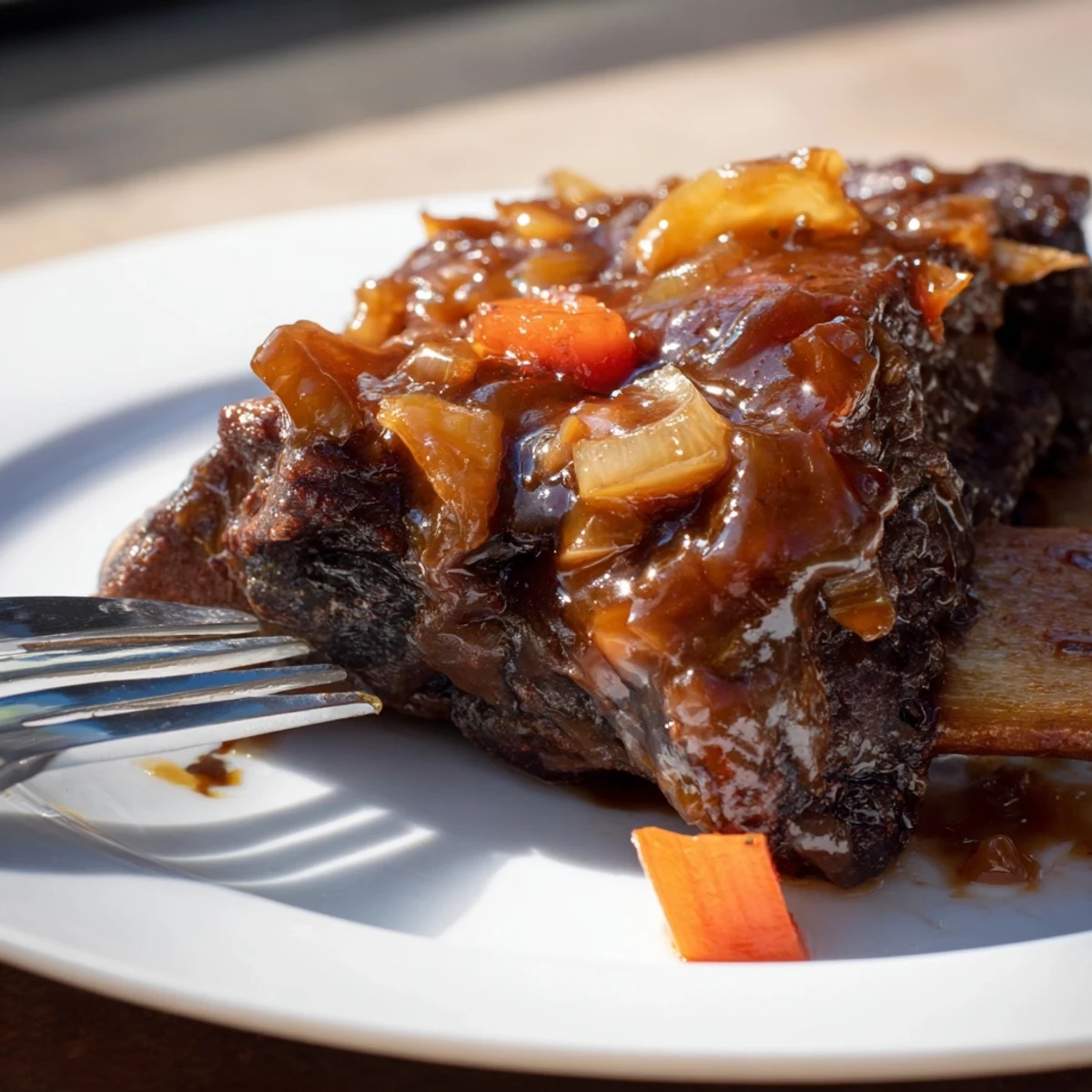 Tender maple bourbon glazed short ribs coated in rich caramelized sauce on a white plate