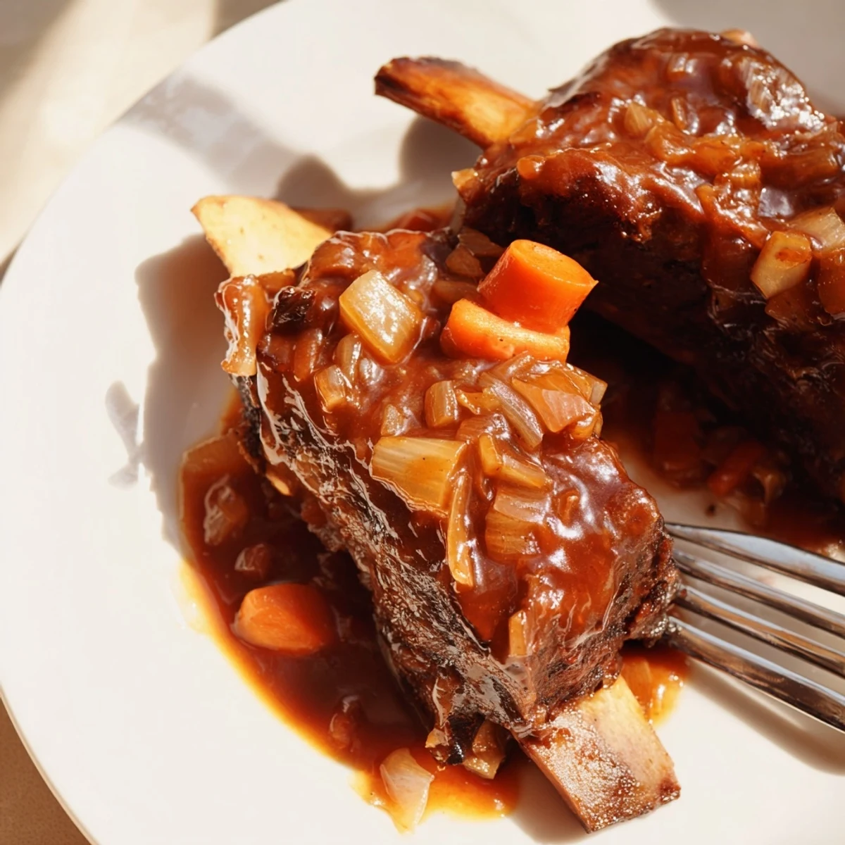 Succulent bone-in short ribs glistening with thick maple-bourbon sauce served over fresh herbs