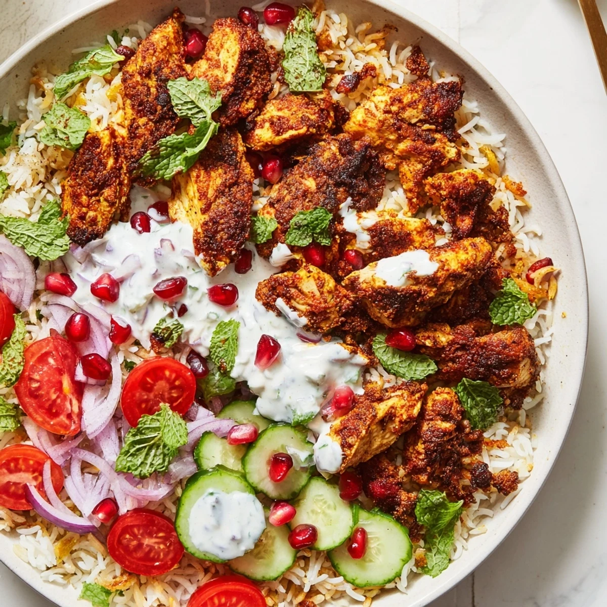 Golden brown shawarma-spiced chicken served over crispy rice with fresh vegetables