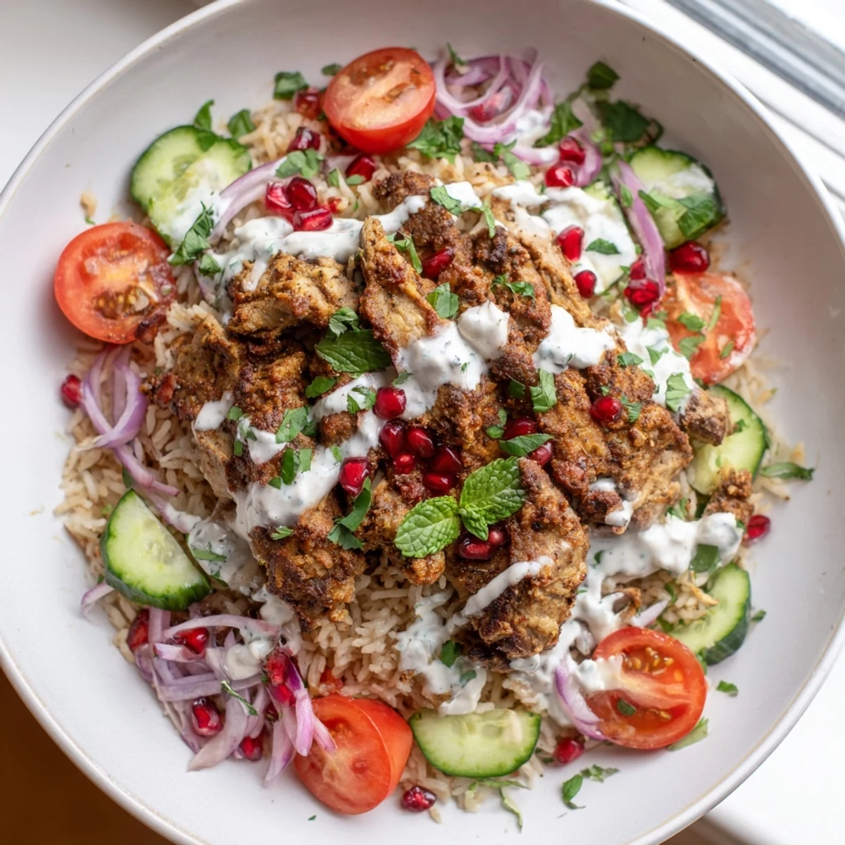 Vibrant chicken shawarma crispy rice salad drizzled with creamy yogurt-tahini dressing