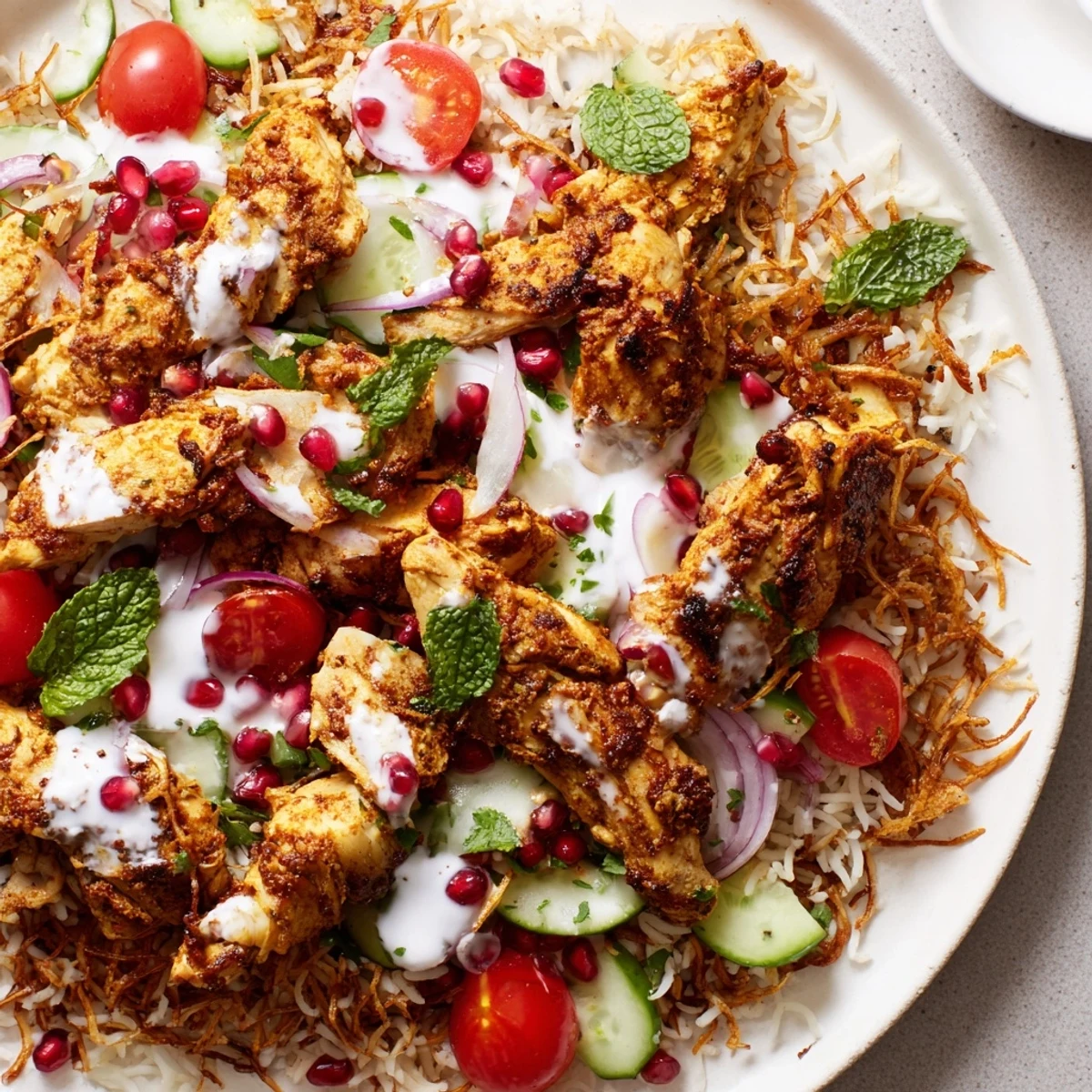 Spiced chicken thighs atop crispy rice salad with cherry tomatoes and herbs