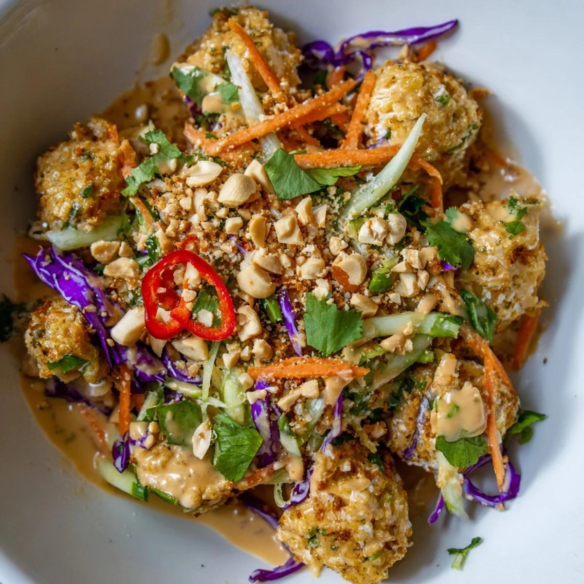 Colorful crispy rice salad with peanut sesame dressing garnished with roasted peanuts and fresh cilantro