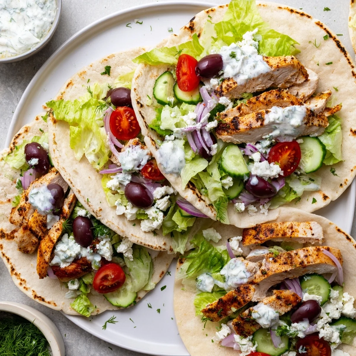 Golden grilled Mediterranean chicken tacos loaded with fresh veggies and creamy zesty yogurt sauce