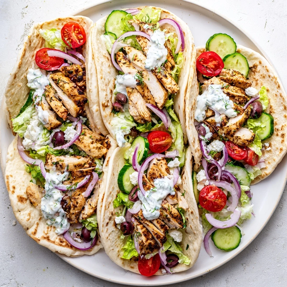 Soft tortillas stuffed with spiced tender chicken crisp lettuce tomatoes and tangy feta cheese