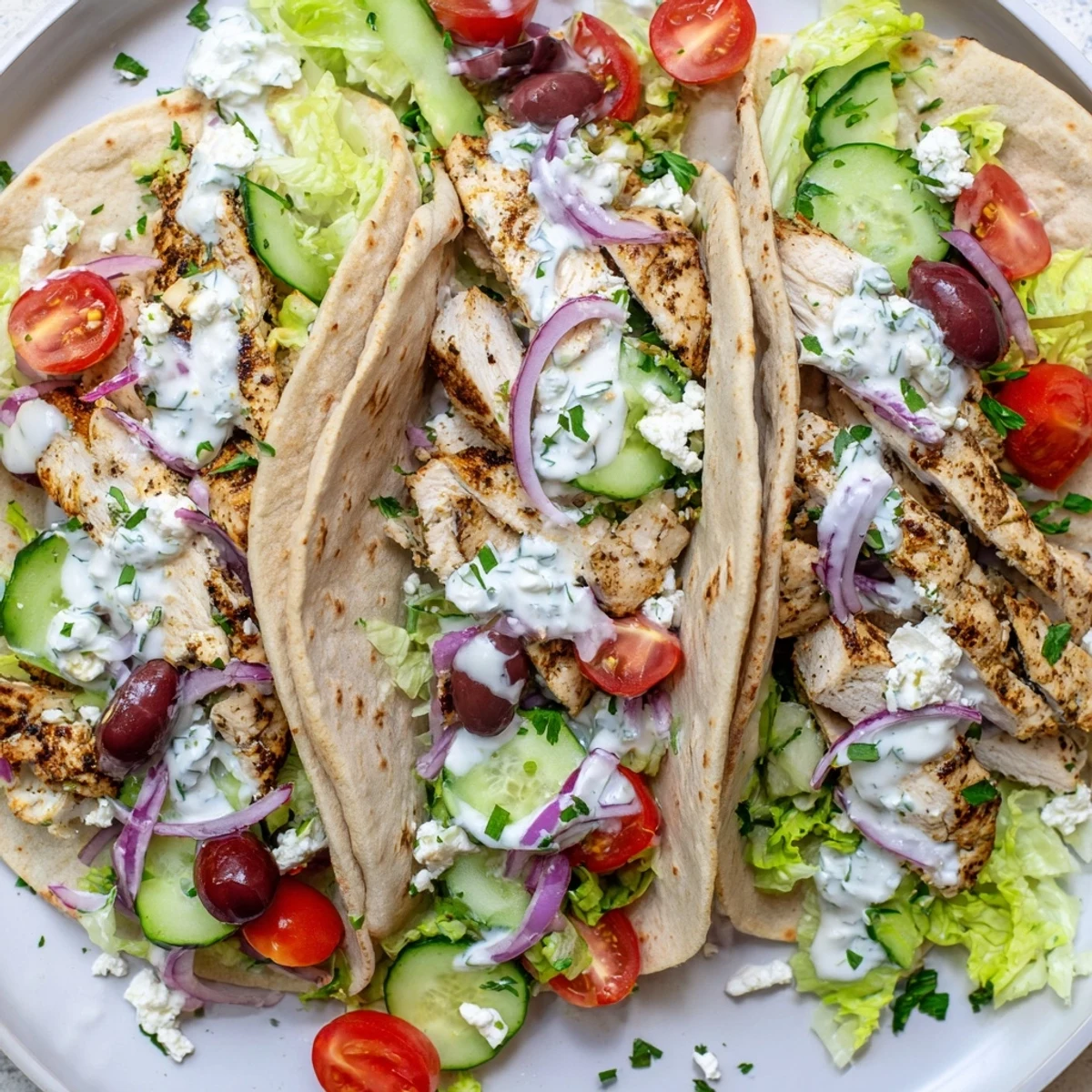 Flavorful Mediterranean chicken tacos topped with crumbled feta olives cucumber and refreshing garlic herb sauce