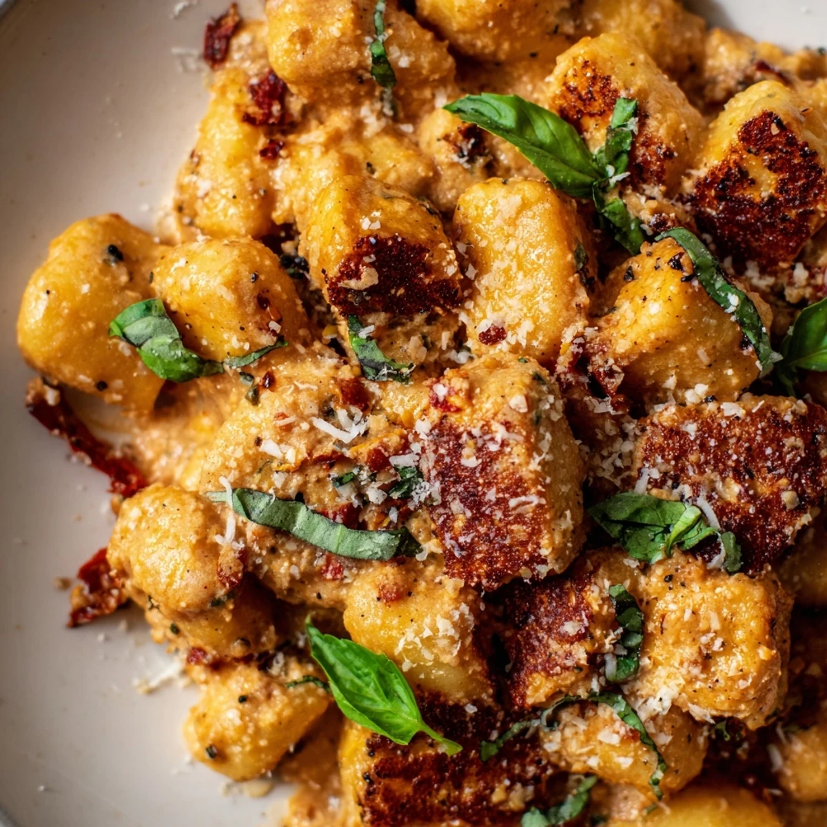 Golden crispy tofu cubes nestled among pillowy gnocchi in a creamy sun-dried tomato sauce, garnished with fresh basil leaves