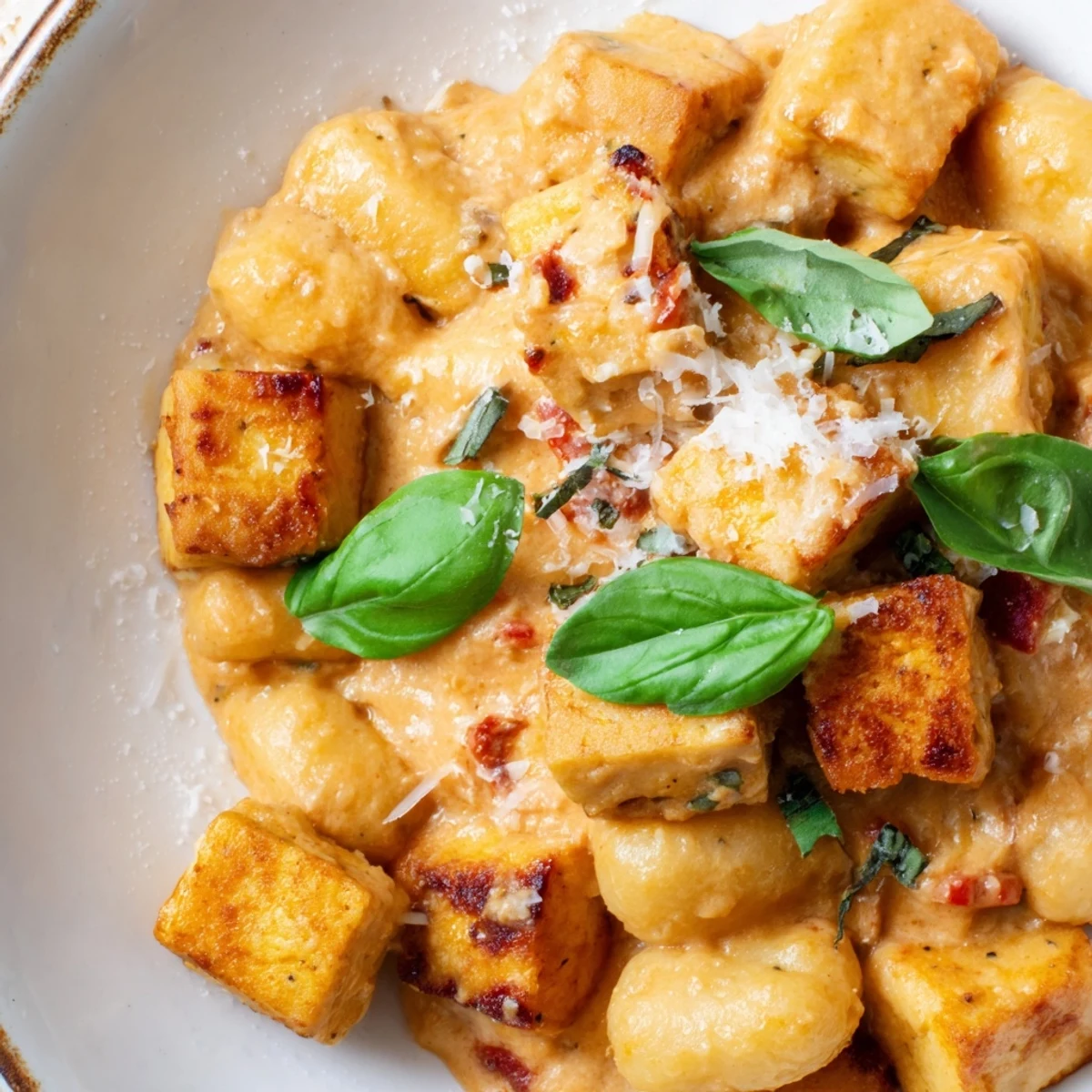 Vibrant Marry Me crispy tofu with gnocchi plated in a rich pink cream sauce, topped with grated Parmesan cheese