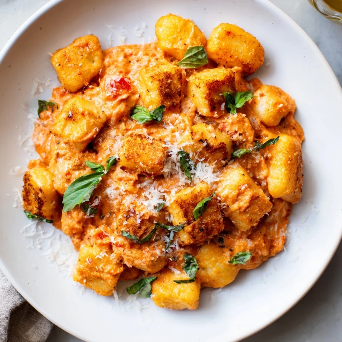 Close-up of restaurant-style vegetarian tofu and gnocchi coated in a luscious sun-dried tomato cream sauce with basil