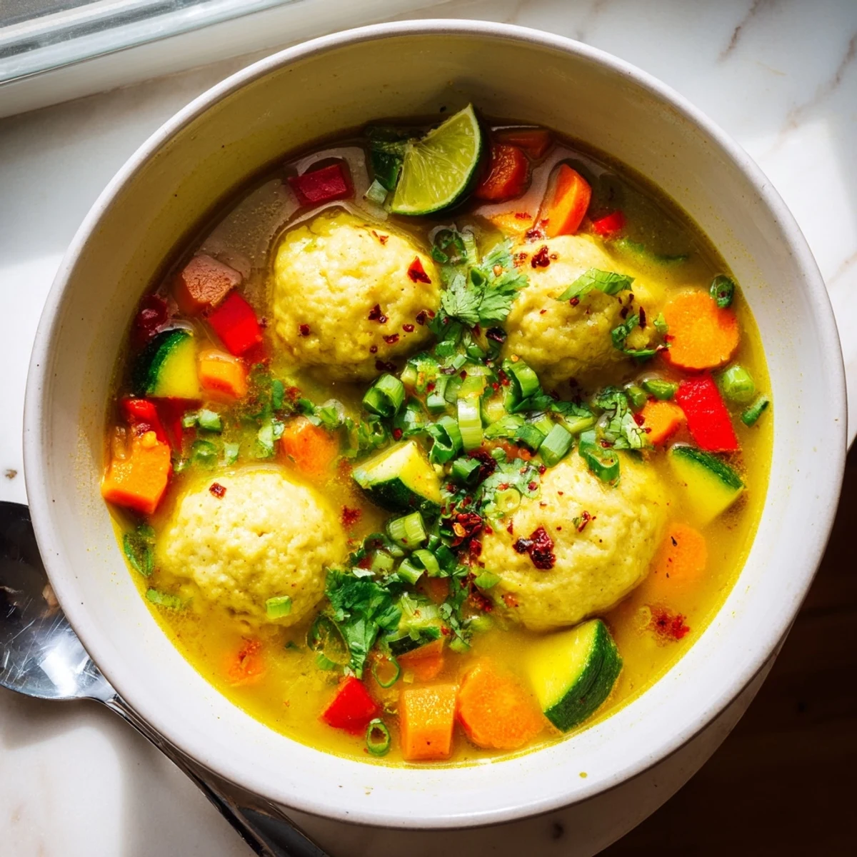 Creamy coconut curry soup with fluffy dumplings floating in golden spiced broth