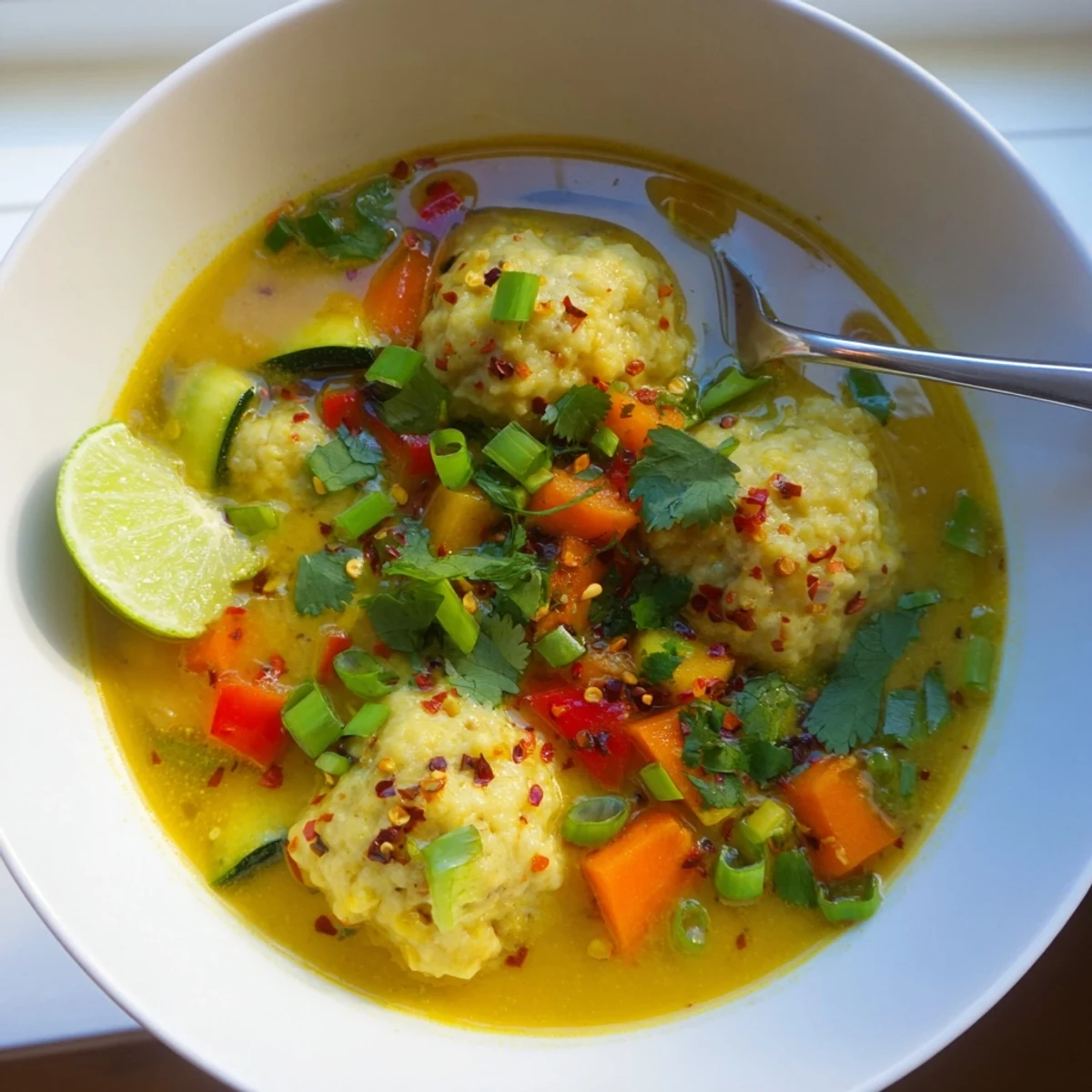 Steaming bowl of simple coconut curry soup with tender dumplings and colorful vegetables