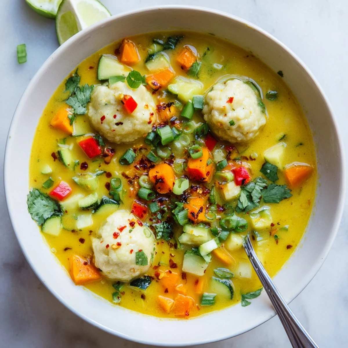 Vegetarian coconut curry soup featuring pillowy homemade dumplings in aromatic yellow broth