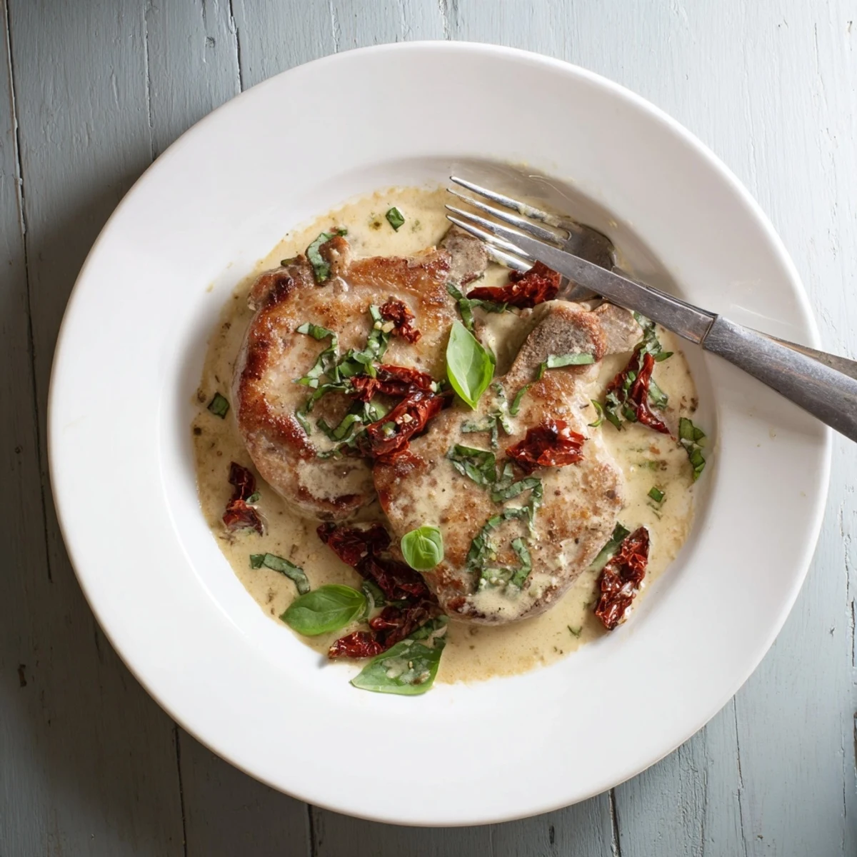 Golden brown Marry Me pork chops resting in a rich creamy parmesan sauce with sun-dried tomatoes and fresh basil garnish