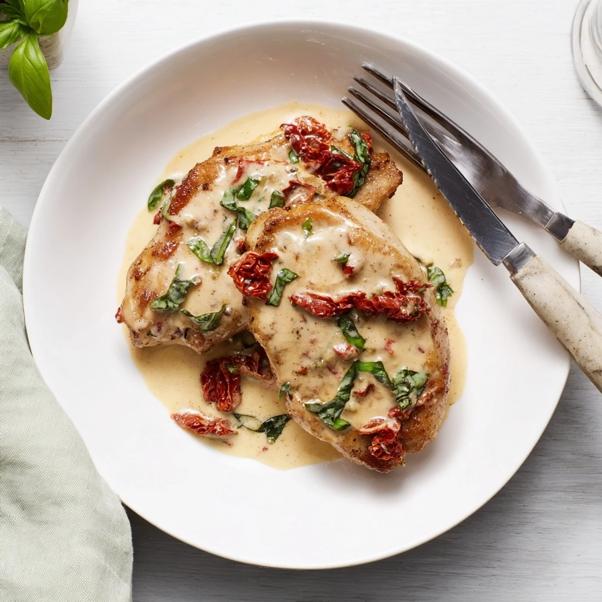 Tender seared pork chops simmered in a velvety sun-dried tomato cream sauce topped with grated parmesan and red pepper flakes
