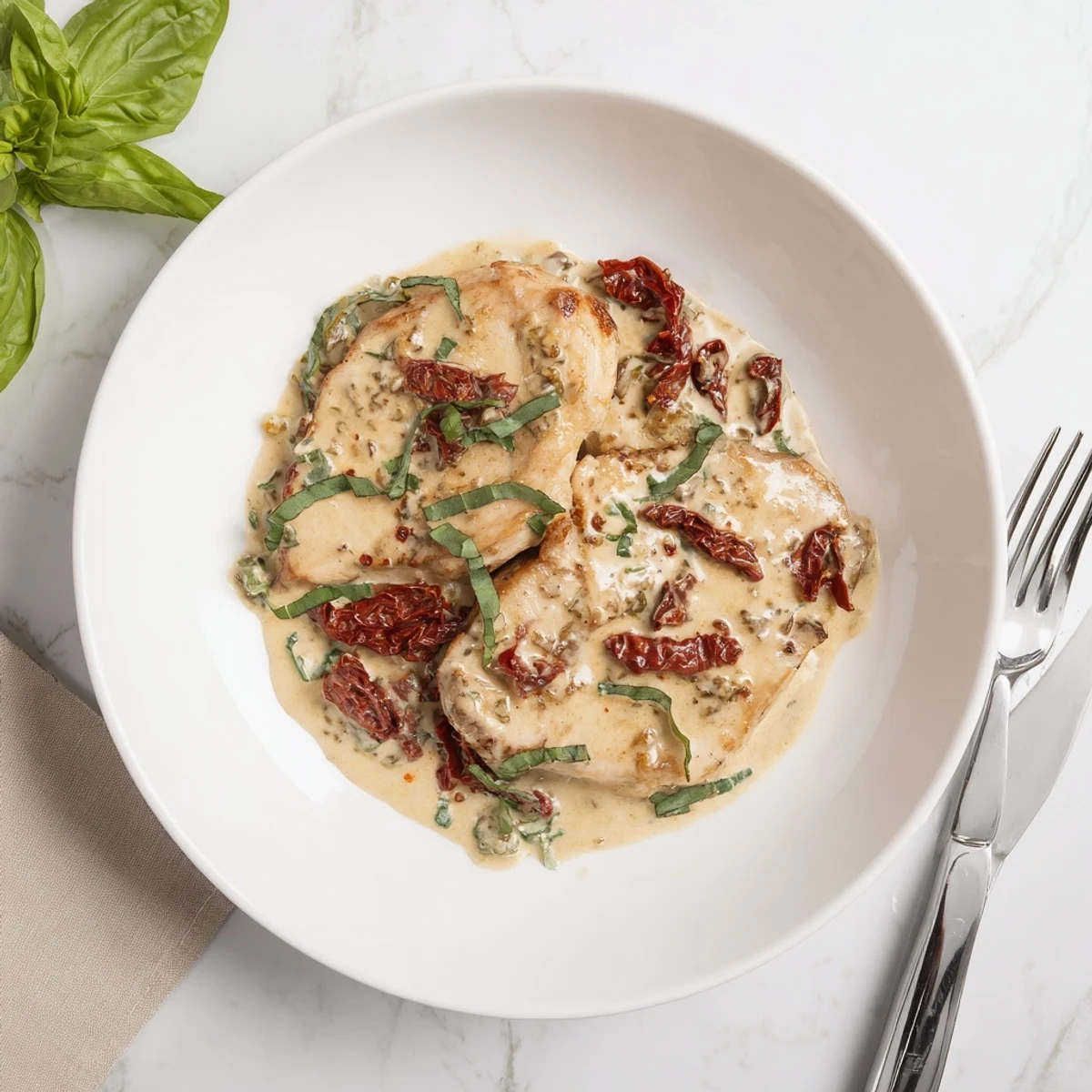 Marry Me pork chops plated in a luscious white sauce with chopped sun-dried tomatoes and a sprinkle of fresh green basil