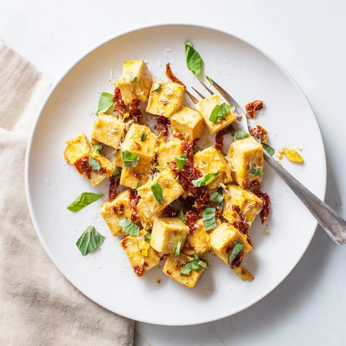 Golden crispy tofu cubes swimming in rich creamy sun-dried tomato garlic sauce