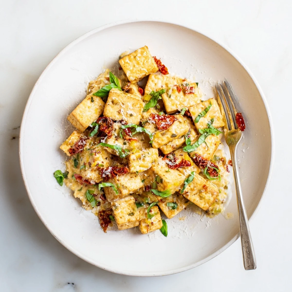 Vegan tofu skillet featuring golden brown pieces in tomato cream sauce with herbs