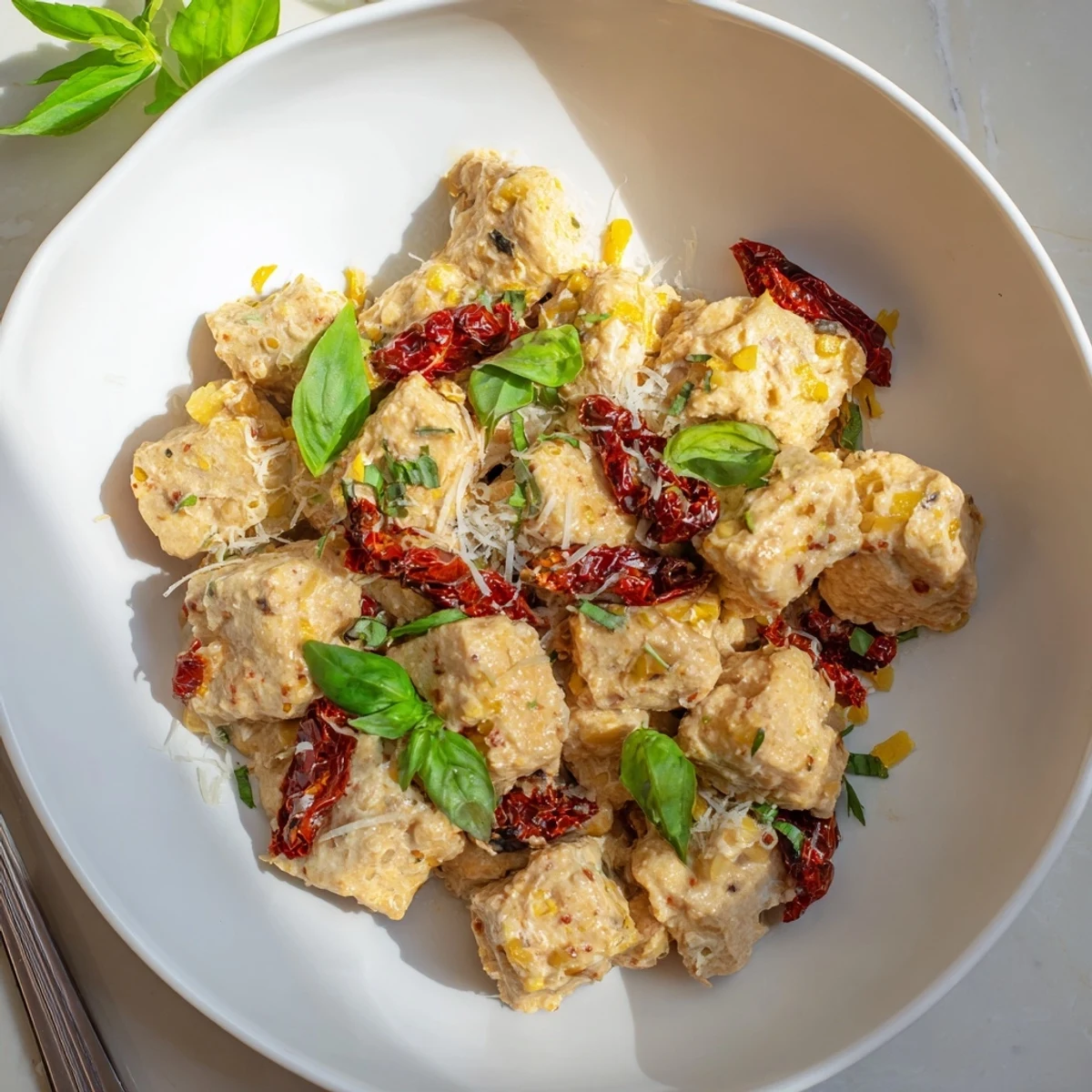 Creamy Marry Me Tofu garnished with fresh basil and grated parmesan topping
