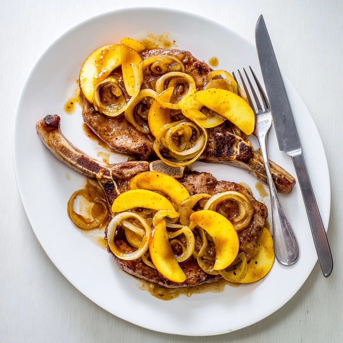Golden brown apple butter pork chops served with tender caramelized apples and onions in a rich cinnamon spiced sauce