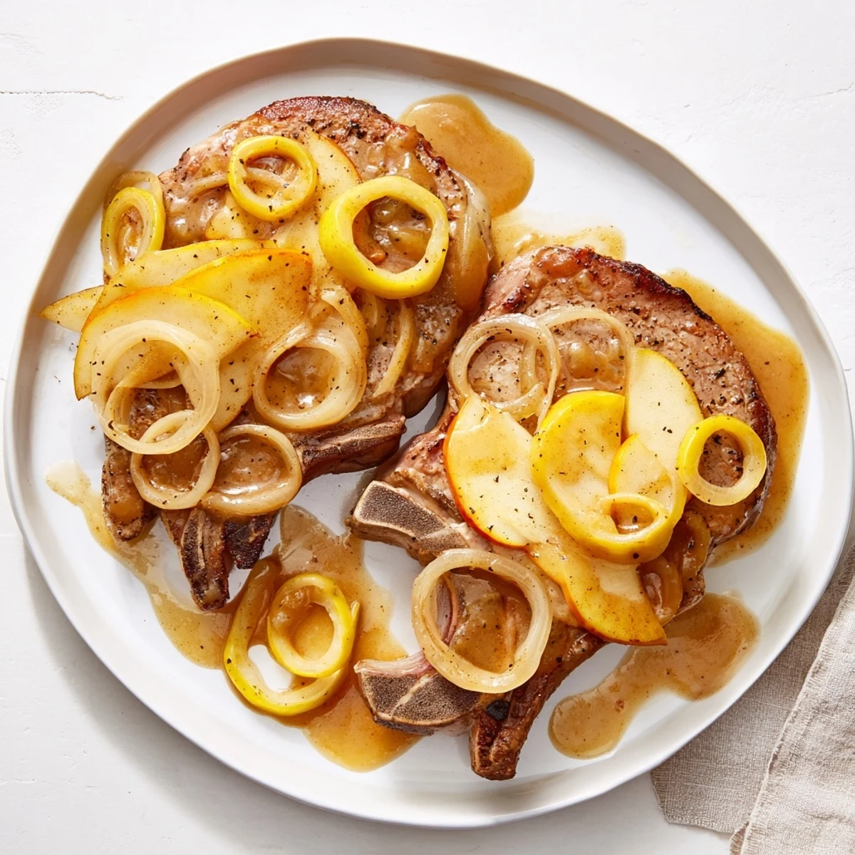 Tender seared pork chops resting in savory apple butter sauce topped with spiced caramelized fruit and aromatic onions