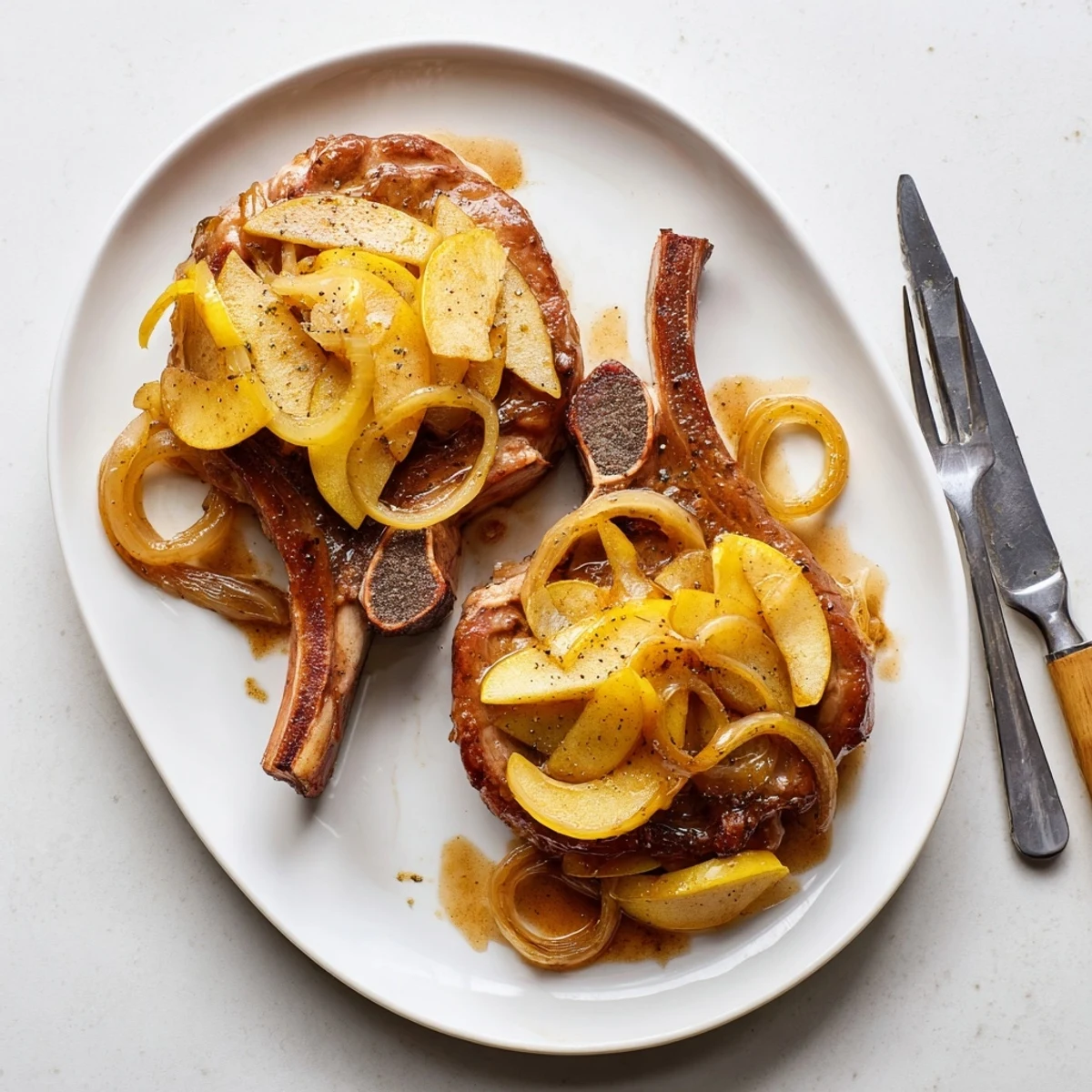 Juicy skillet cooked pork chops smothered in sweet apple butter glaze with softened onion and apple slices