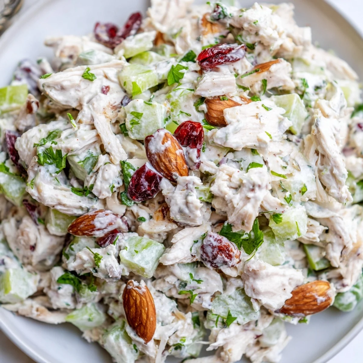 Tender shredded rotisserie chicken tossed in tangy Greek yogurt dressing with colorful diced vegetables