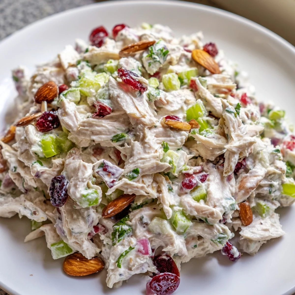 Creamy Greek yogurt rotisserie chicken salad with crisp celery, red pepper, and fresh parsley