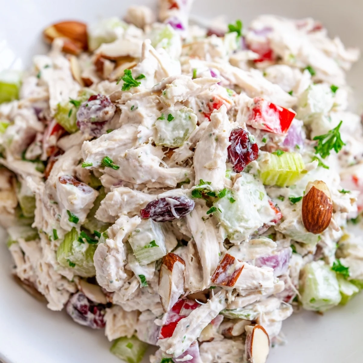 Healthy protein-packed Greek yogurt chicken salad served with crunchy almonds and sweet dried cranberries
