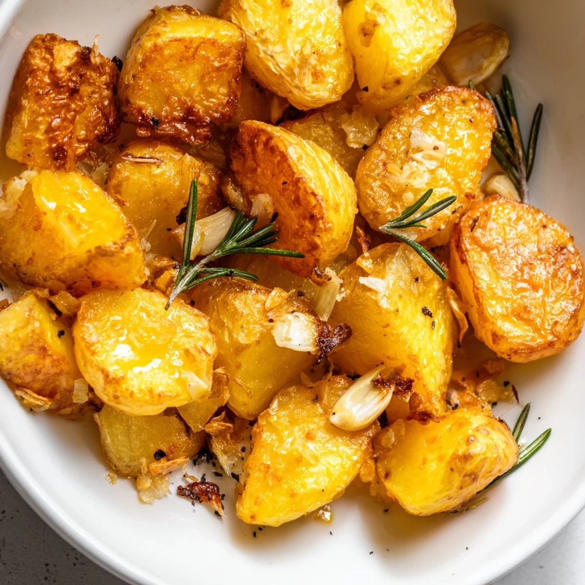 Golden homemade roast potatoes with crispy exteriors and fluffy centers arranged on a white serving platter