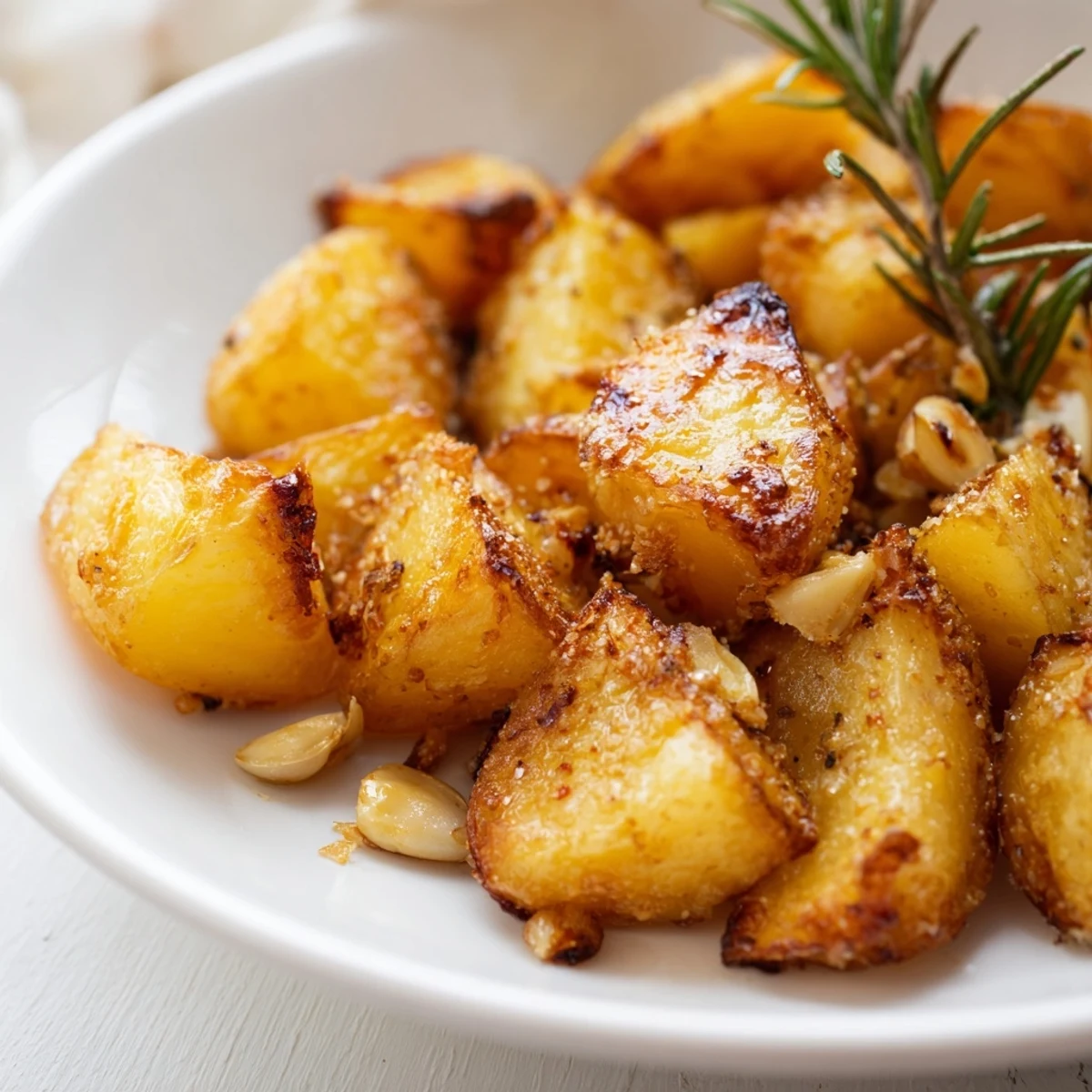 British-style homemade roast potatoes scattered with fresh rosemary sprigs after roasting to golden perfection