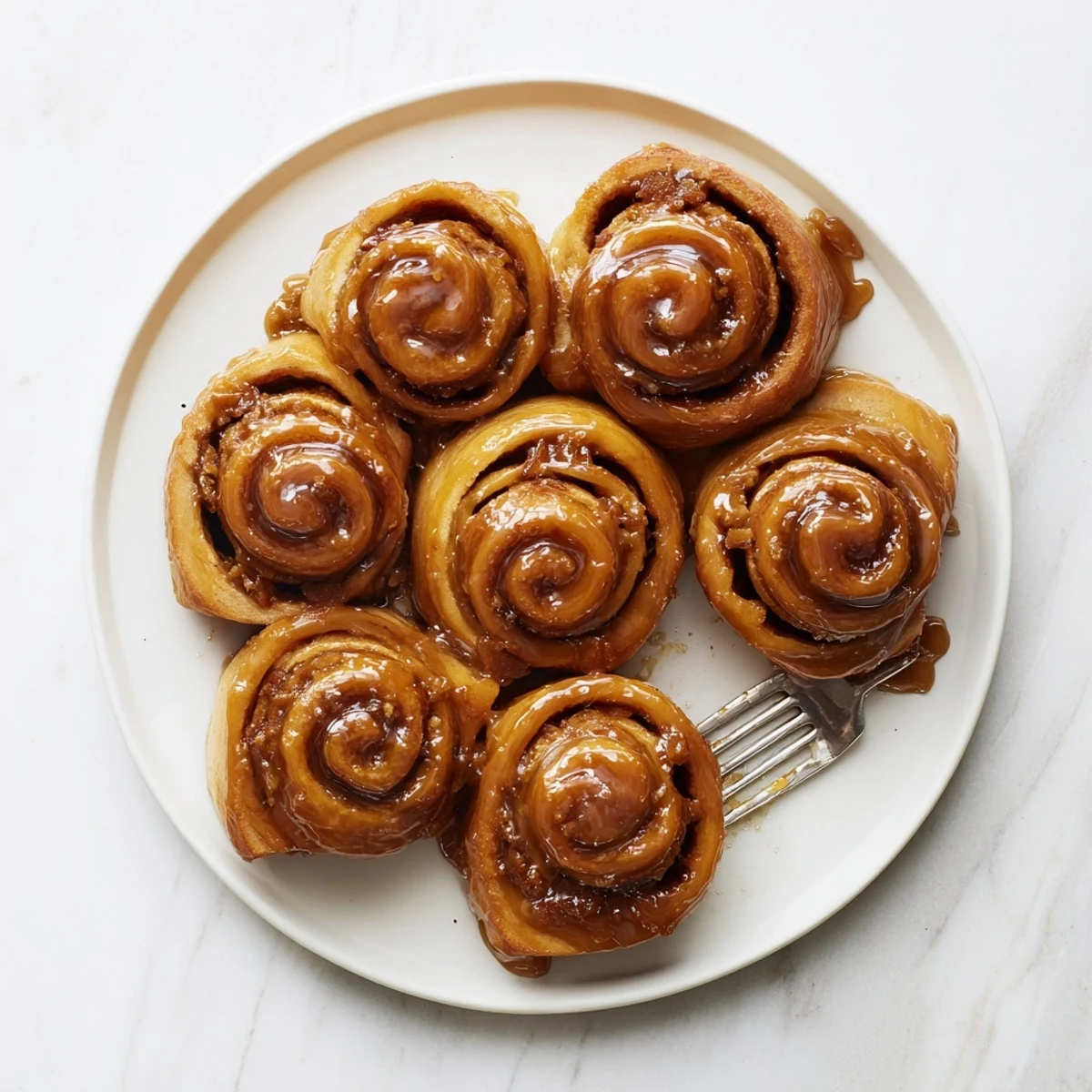 Soft pillowy Vietnamese cinnamon date sticky buns upside down showing luscious caramel coating