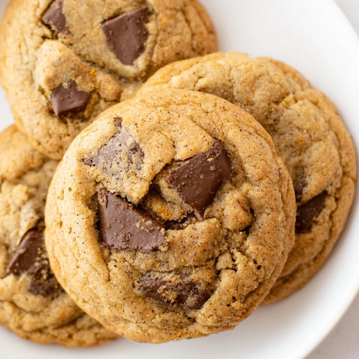 Soft batch of pumpkin spice chocolate chip cookies fresh from the oven with melting chocolate chunks