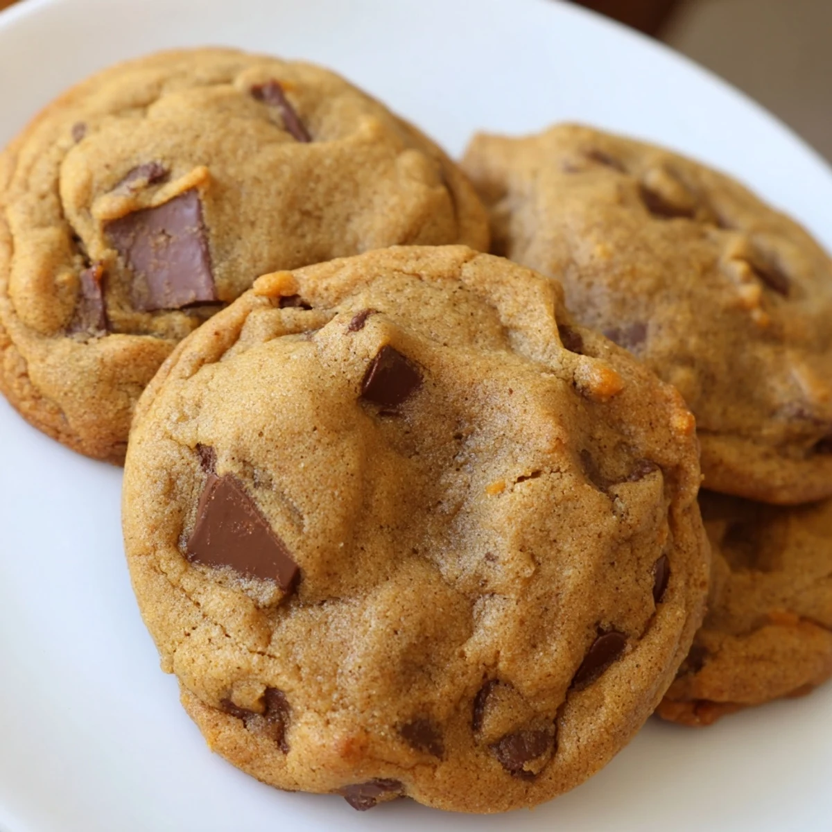 Warm homemade pumpkin spice chocolate chip cookies stacked on a wooden cutting board for autumn baking