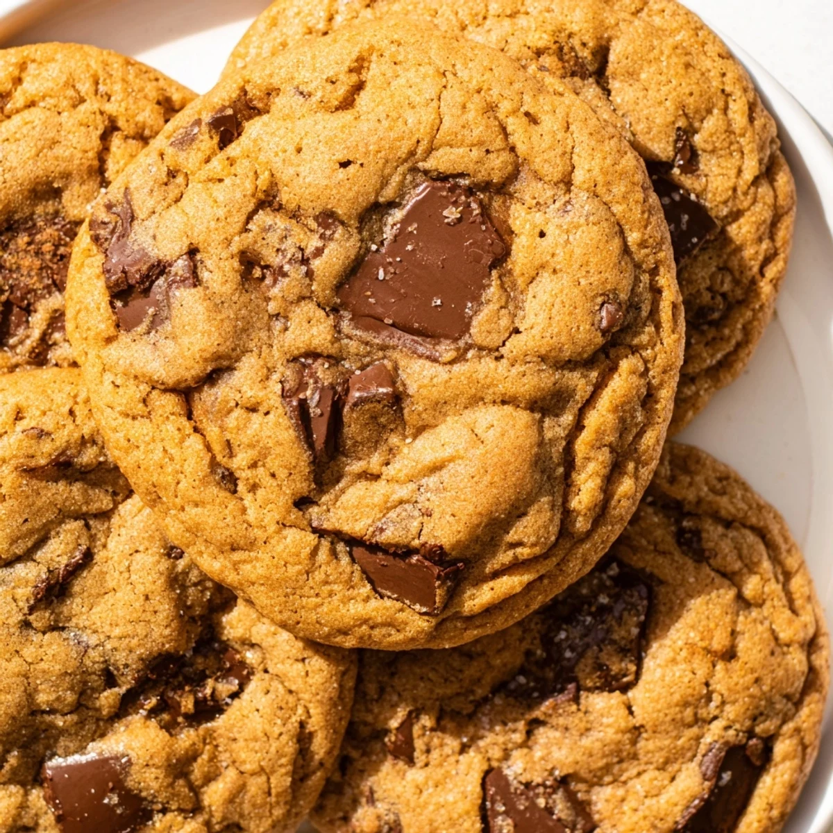 Golden pumpkin spice chocolate chip cookies with gooey chocolate centers and dusted cinnamon on top