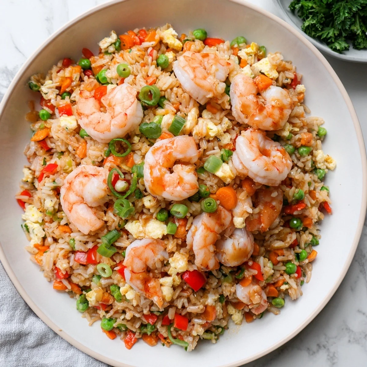 Golden garlic prawns arranged over vibrant sweet chilli fried rice with colorful diced vegetables