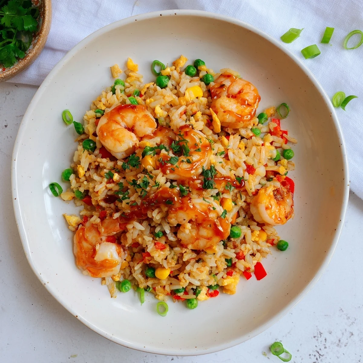 Close-up of succulent garlic prawns atop fragrant jasmine rice tossed with sweet chilli sauce