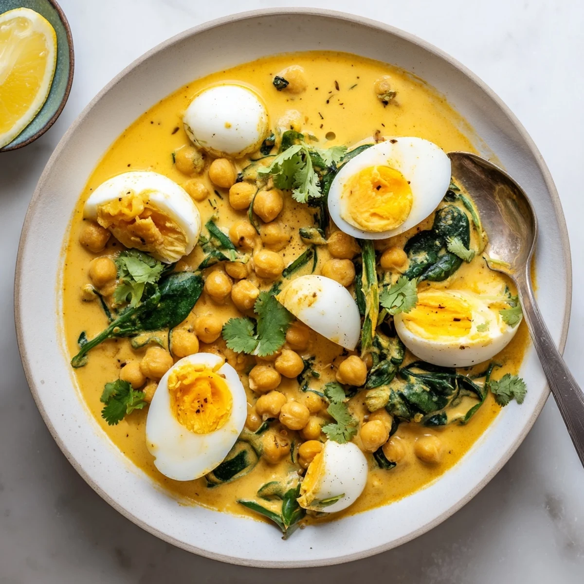 Halved eggs nestled in fragrant korma curry with tender chickpeas and wilted spinach