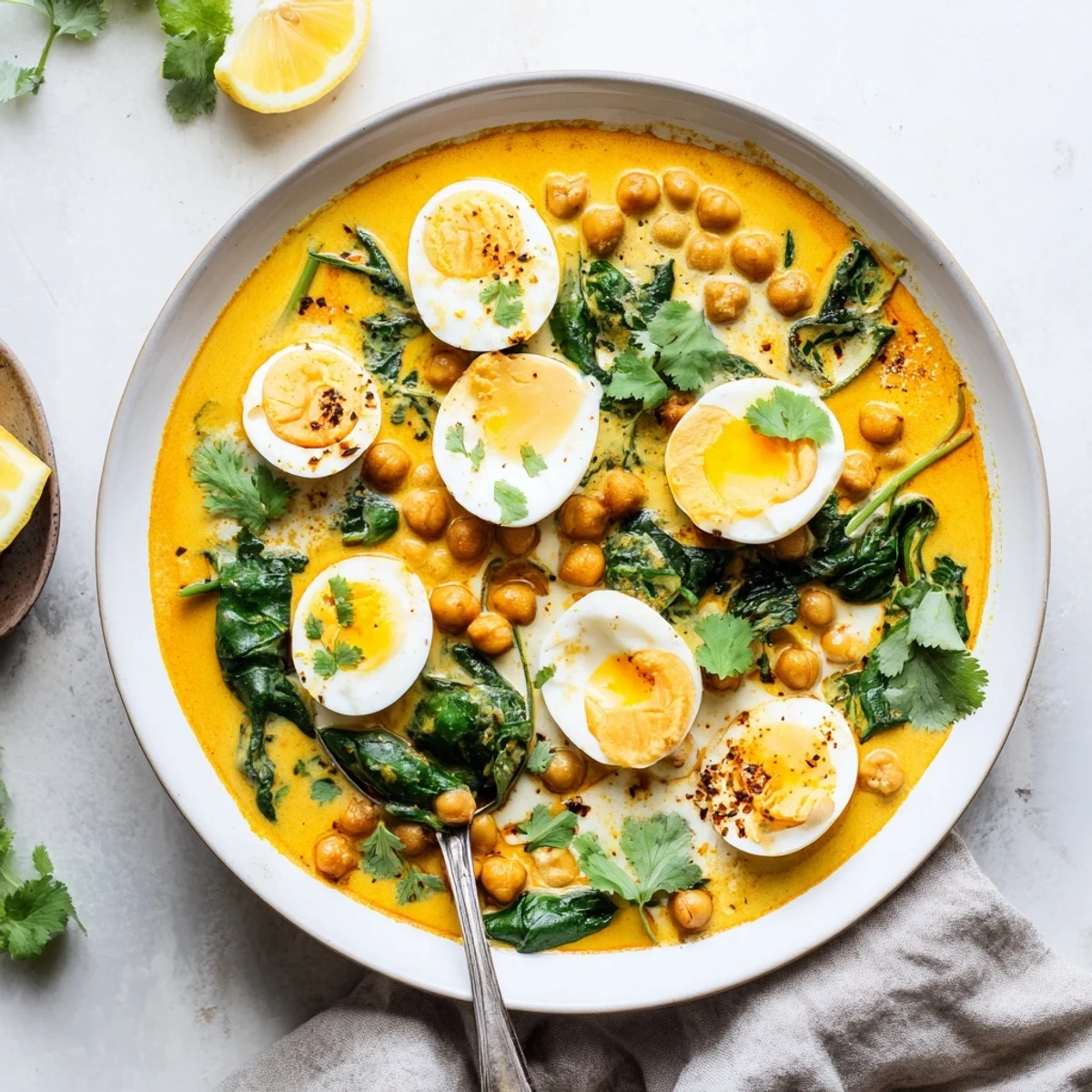 Golden mild egg korma with chickpeas and spinach in a creamy coconut sauce