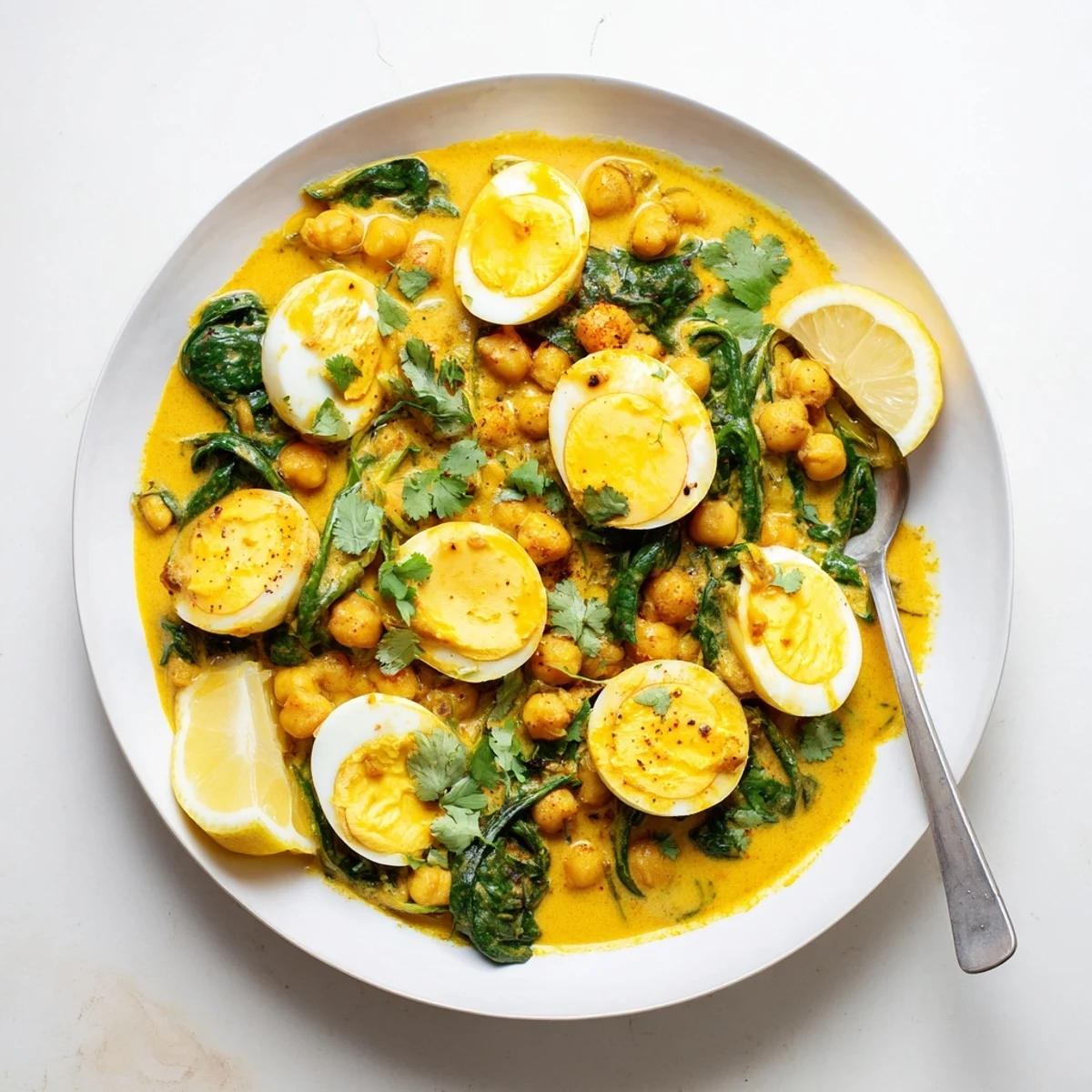 Creamy vegetarian mild egg korma featuring chickpeas and fresh spinach garnished with cilantro