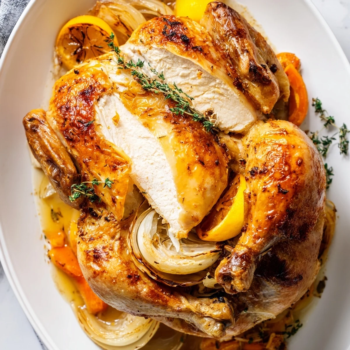 Golden roast garlic and lemon chicken resting on a bed of caramelized roasted vegetables