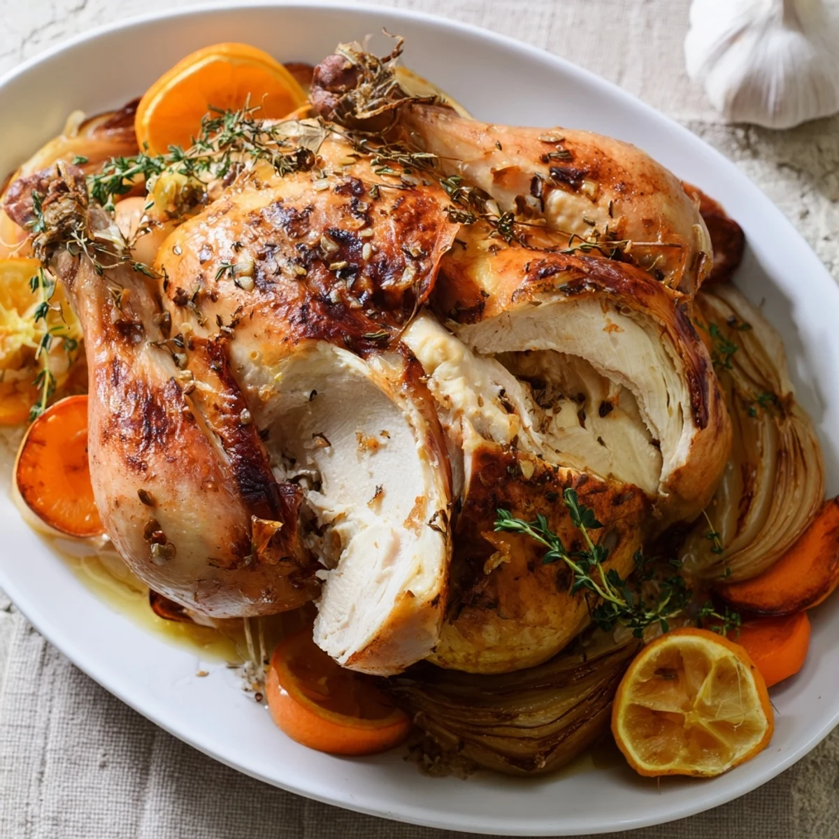 Whole juicy roast garlic and lemon chicken with crispy golden skin and fresh herbs
